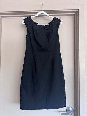 Classic Black Fit & Flare Midi Dress Pleated Neckline